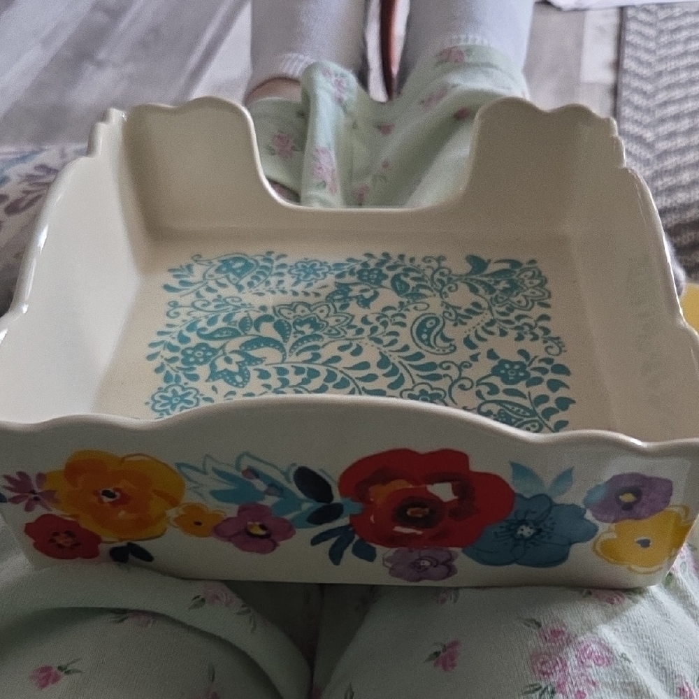 Floral Ceramic Serving Tray with Teal Medallion